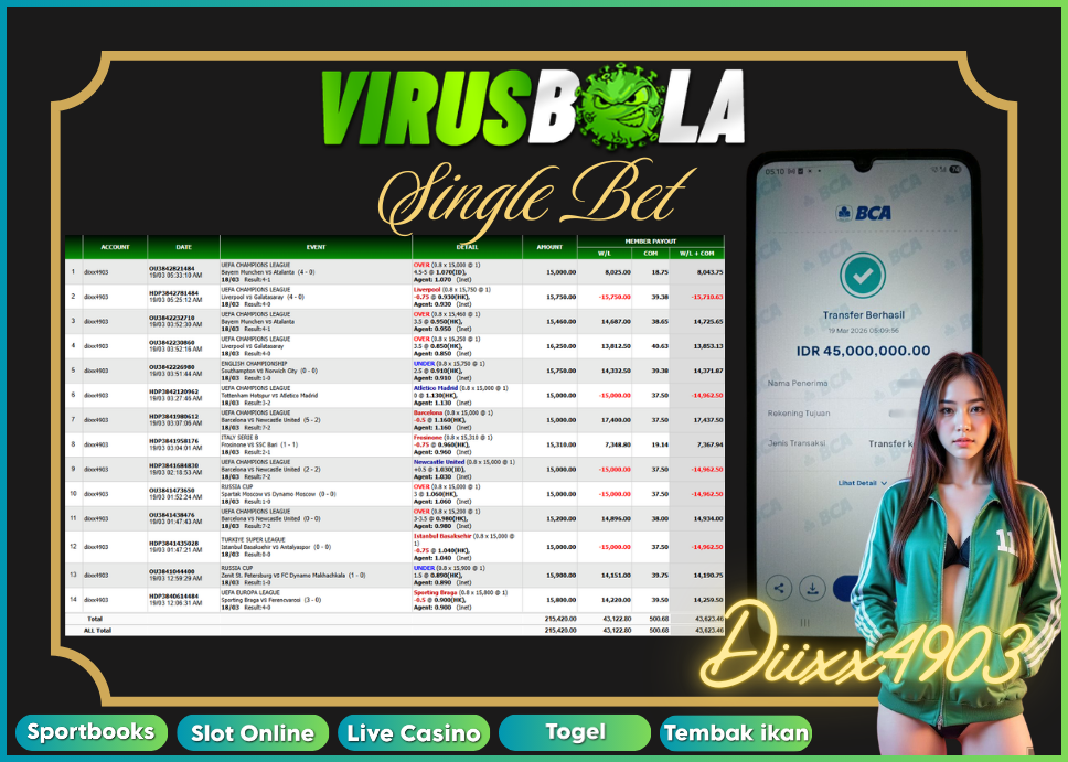 VIRUSBOLA JACKPOT SPORTBOOK Rp. 43jt – SINGLE BET