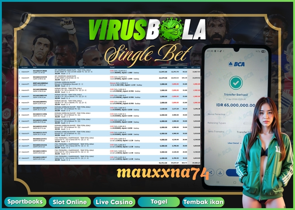 VIRUSBOLA JACKPOT SPORTBOOK Rp. 69jt – SINGLE BET