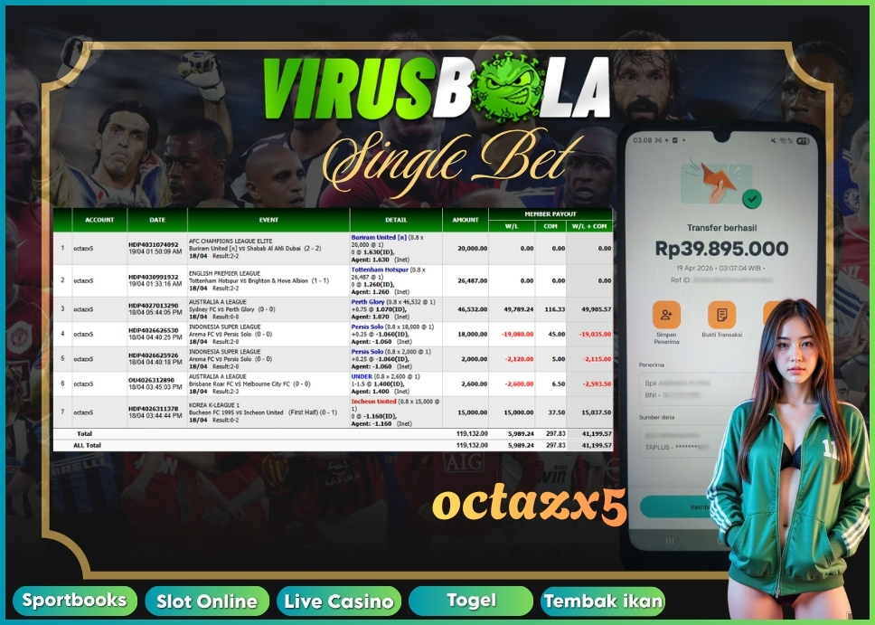 VIRUSBOLA JACKPOT SPORTBOOK Rp. 41jt – SINGLE BET