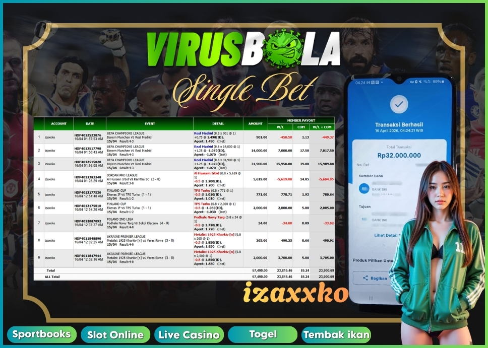 VIRUSBOLA JACKPOT SPORTBOOK Rp. 23jt – SINGLE BET