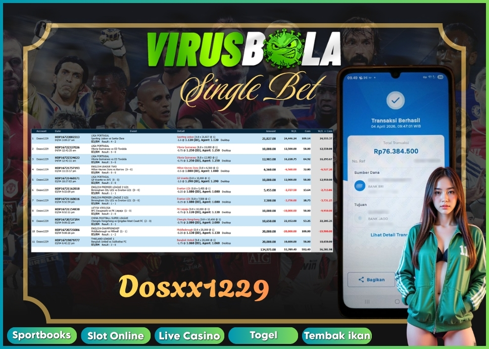VIRUSBOLA JACKPOT SPORTBOOK Rp. 56jt – SINGLE BET