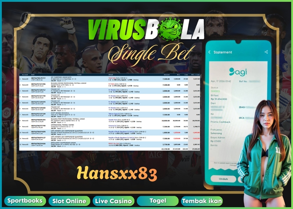 VIRUSBOLA JACKPOT SPORTBOOK Rp. 27jt – SINGLE BET