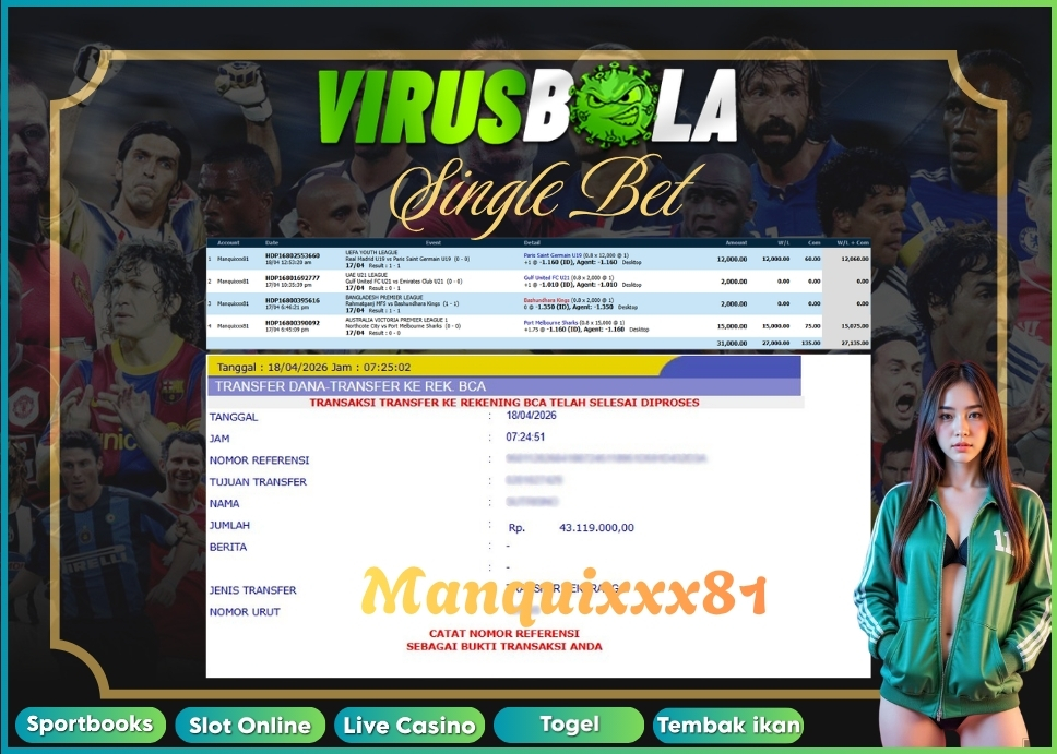 VIRUSBOLA JACKPOT SPORTBOOK Rp. 27jt – SINGLE BET