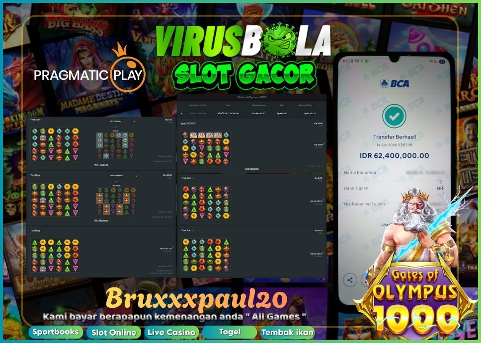 VIRUSBOLA JACKPOT PRAGMATIC PLAY Rp. 62jt – GATES OF OLYMPUS 1000